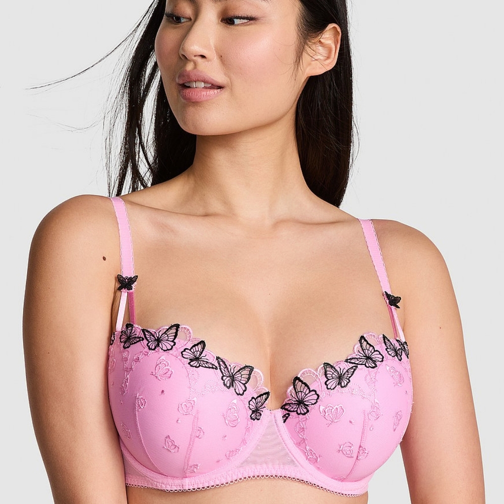 38c Lollipop Pink Pushup Butterfly Embroidered Bra